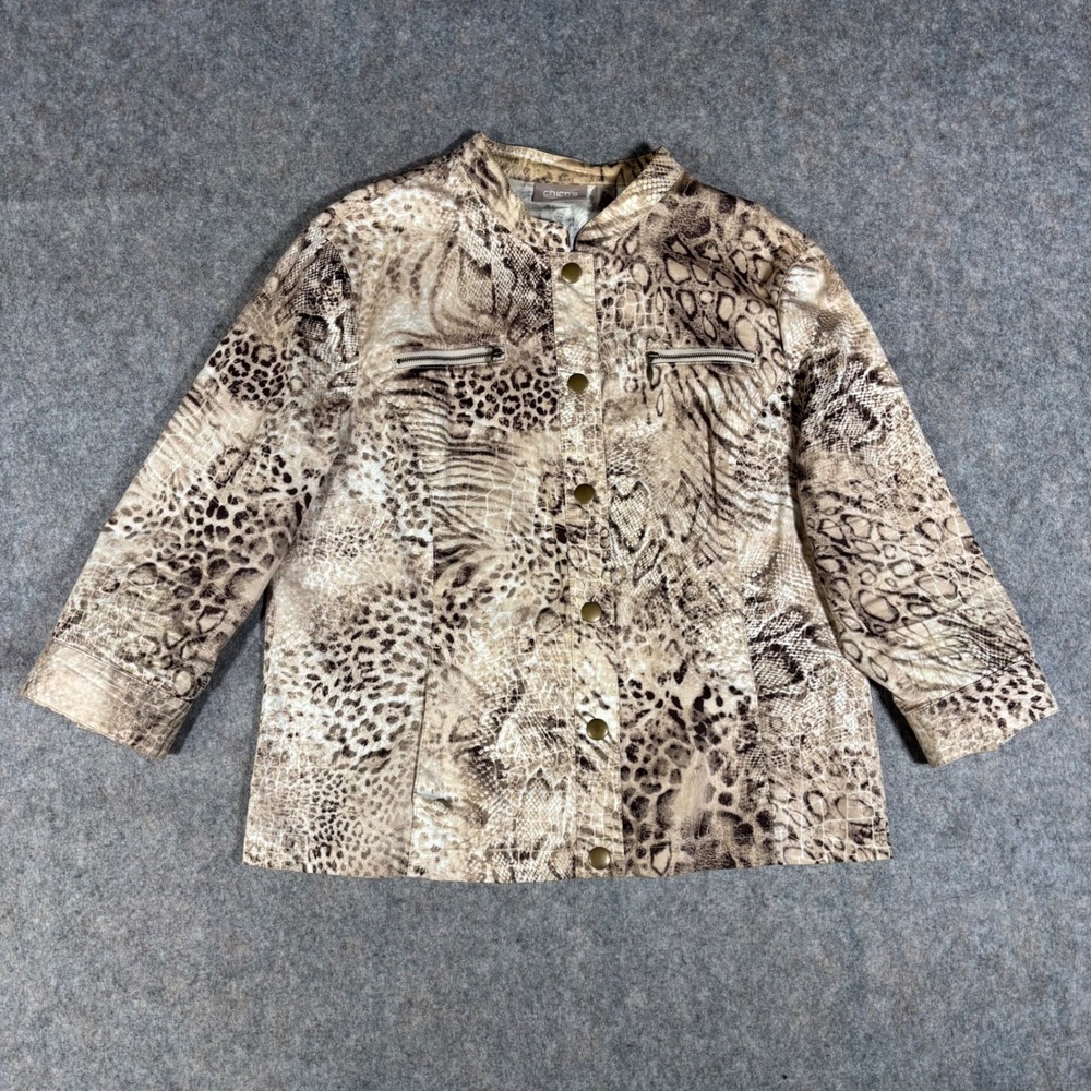Chico's Jacket Womens 2 L Brown Animal Print Button Up Snakeskin Leopard Stretch